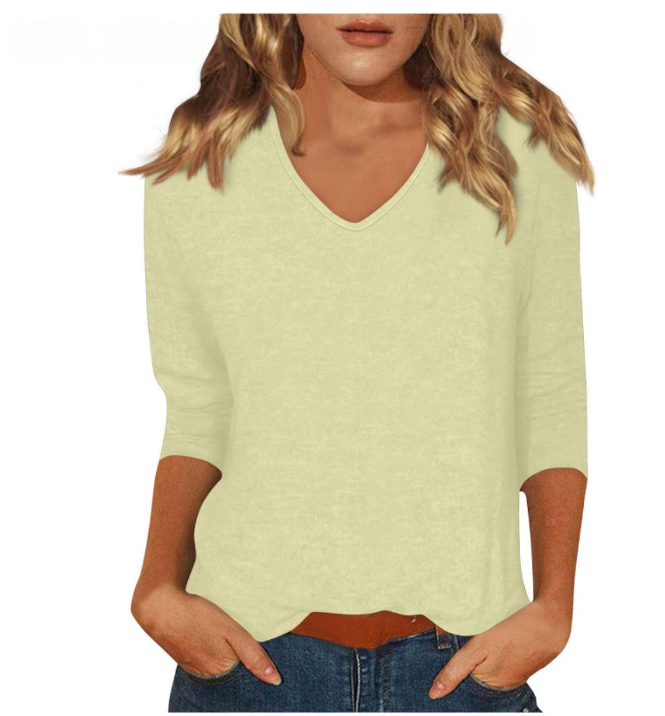 Women's Daily Versatile Casual V-Neck Solid Color Seven-Sleeve T-Shirt Top