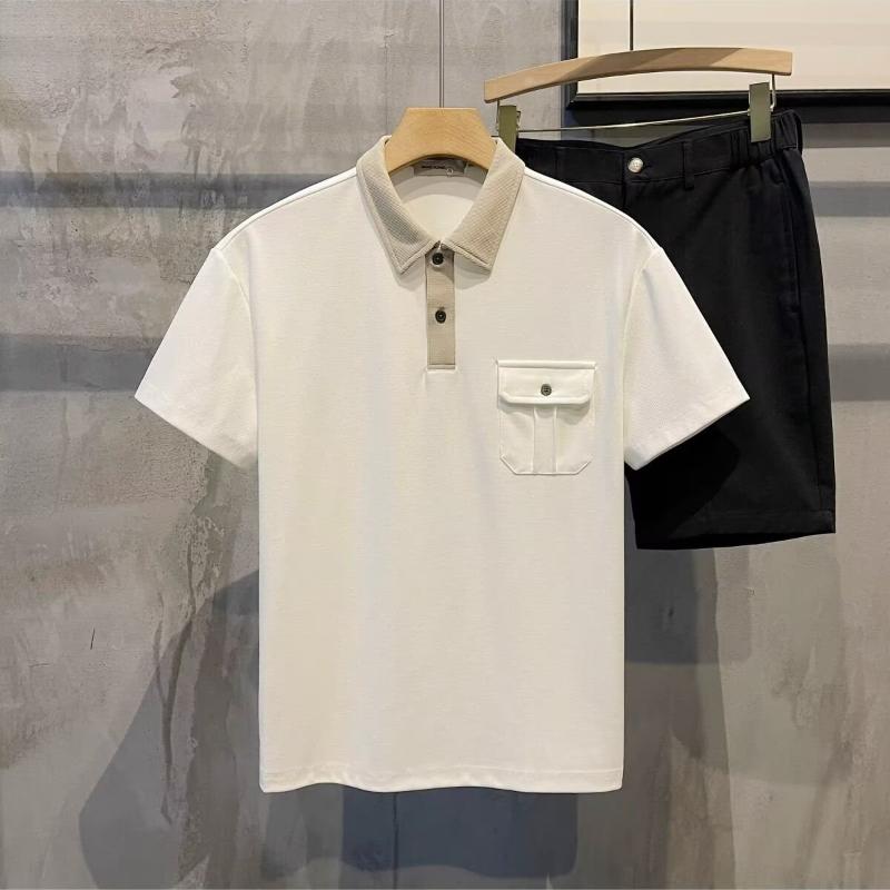 Fashion Contrasting Color Lapel Polo Shirt Short-sleeved Summer Japanese Pocket Loose T-shirt Men