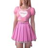 LittleForBig Women's Troublemaker A-Line Pleated Skirt with Lace Hem and Suspenders, Imitation Leather Mini Skirt, Pink, Size 4XL