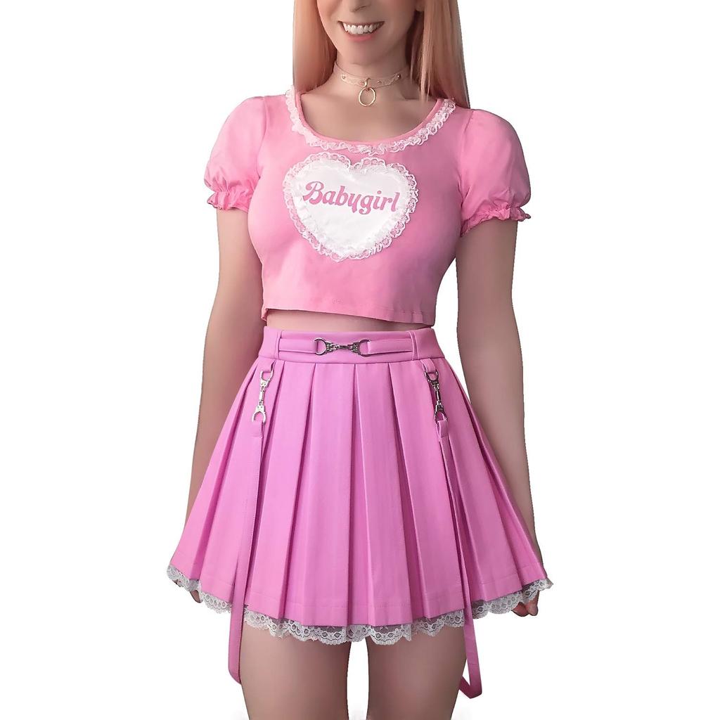 LittleForBig Women's Troublemaker A-Line Pleated Skirt with Lace Hem and Suspenders, Imitation Leather Mini Skirt, Pink, Size 4XL