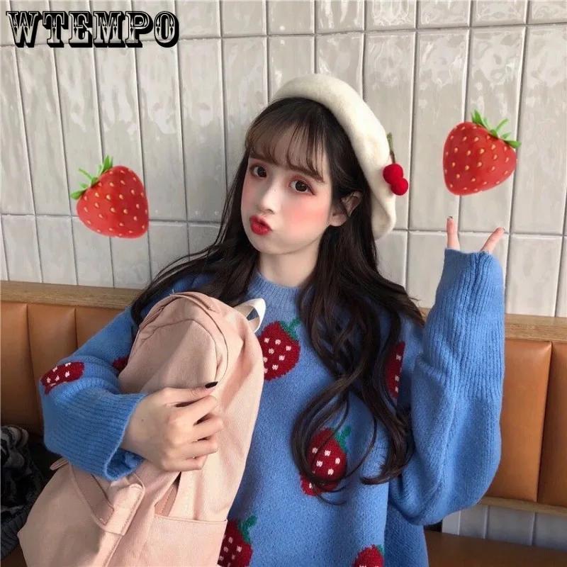 WTEMPO Women's Long Sleeve Fall Strawberries Sweater Cute Girl Knitwear Loose Crewneck Knitted Jumper Pullover Knitting Tops
