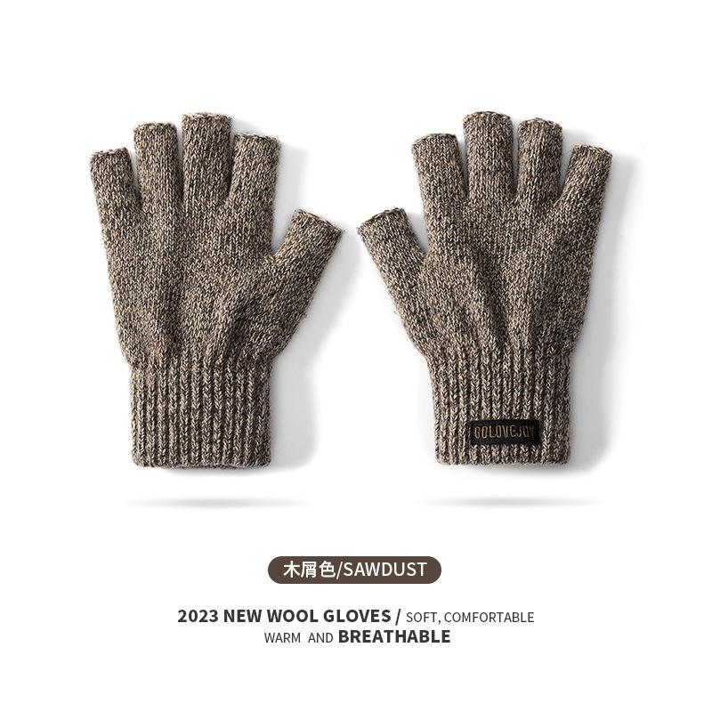 

Wool half-finger gloves for men, warm in winter, piled and thickened knitted wool, finger leakage, writing, riding L（19cm）