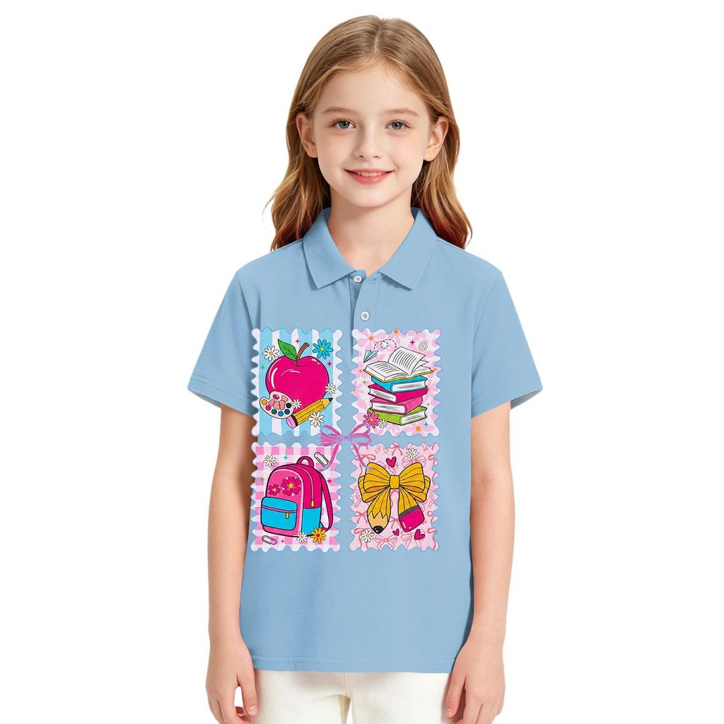 Girls School Uniform Short Sleeve T-Shirt Print Casual Top for Back To School