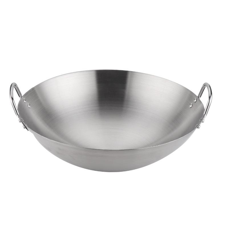 "Double-Ear Stainless Steel Frying Pan - Large, Round Bottom, Single Handle, Ideal for Household and Restaurant Gas Stove Use"