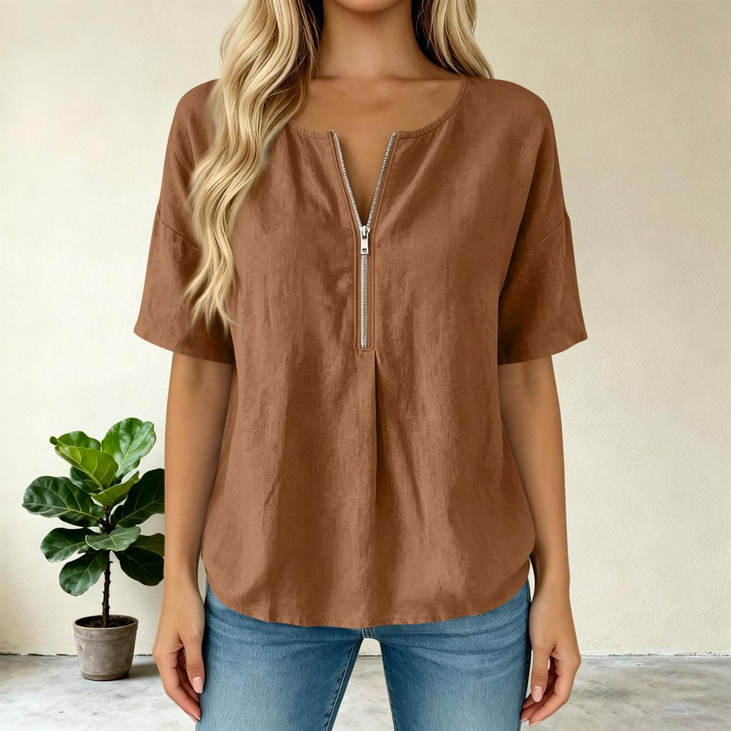 Women’s Fashion Solid Pullover Top with Round Zip Neck Relaxed Fit Short Sleeve Blouse for Casual and Daily Wear