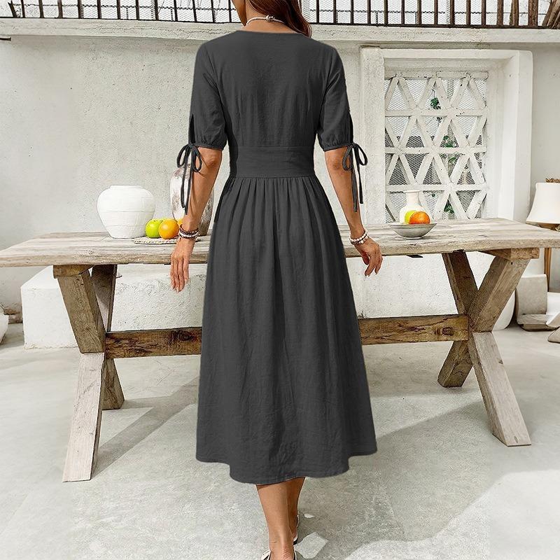 Abiti casual a vita alta con scollo a V a maniche corte con stampa tinta unita primavera estate moda donna