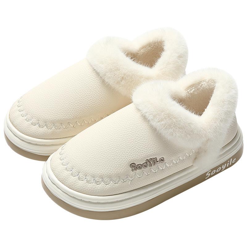 PU waterproof cotton slippers winter bag heel 2025 new home indoor thick-soled velvet thermal cotton shoes