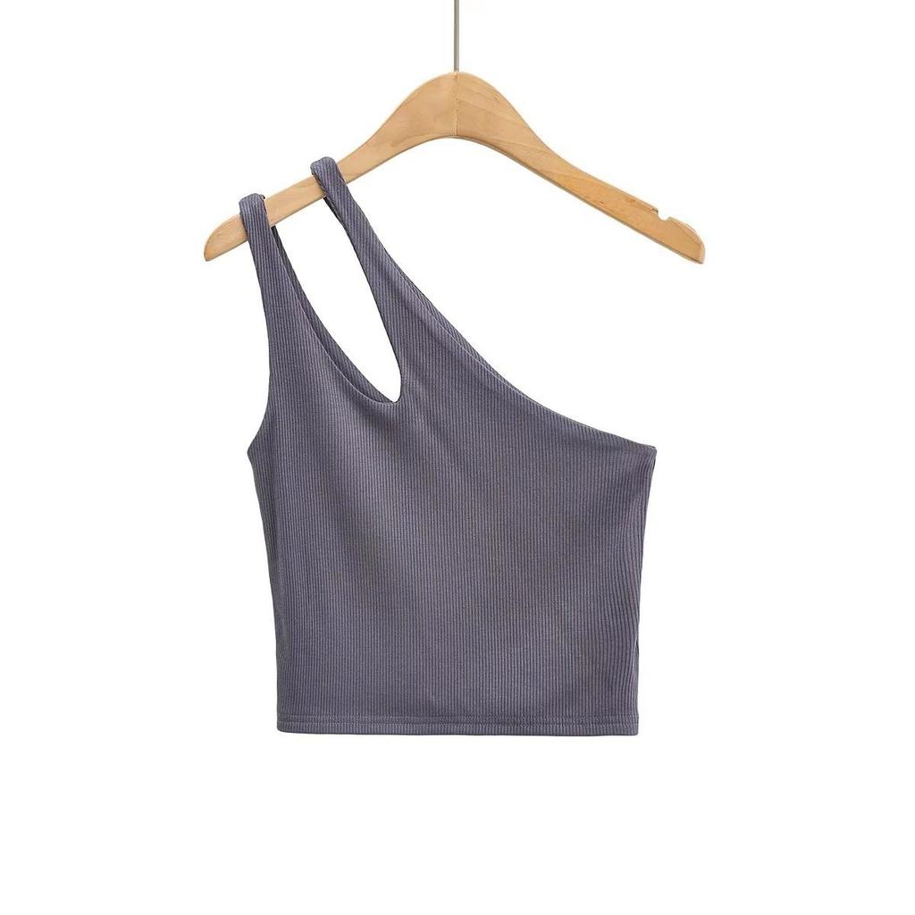 Sexy Women's Crop Top Solid Stretch Fit Knit Sleeveless One Shoulder Hollow Out Basic Backless Tank Top