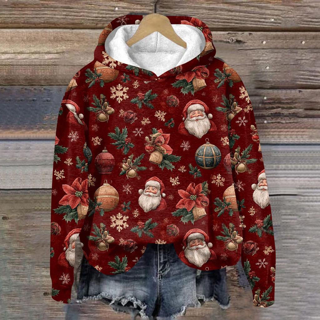 Women's Fashion Long Sleeve Christmas Print Loose Hooded Sweatshirt Top