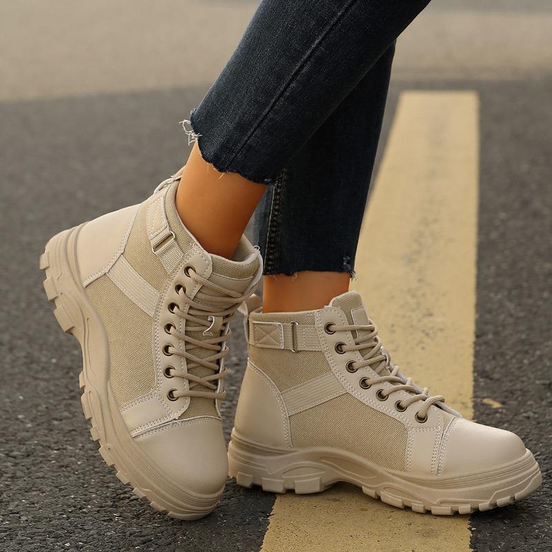Fashion Women's Thick Sole Cotton Boots Winter New Round Head Splicing Front Strap Side Pull Anti-slip Wear-resistant Short Boots