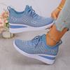 Fashion Women's Shiny Rhinestone Wedge Sneakers Breathable Knit Non Slip Walking Shoes Woman Plus Size Fashion Thick Sole White Sneakers