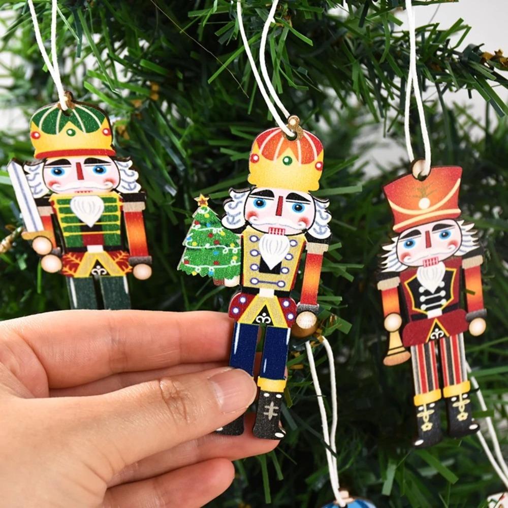 9pcs Walnut Soldier Wooden Pendant Creative Color Print Xmas Tree Hanging Ornament New Year Party Supplies Christmas Decorations