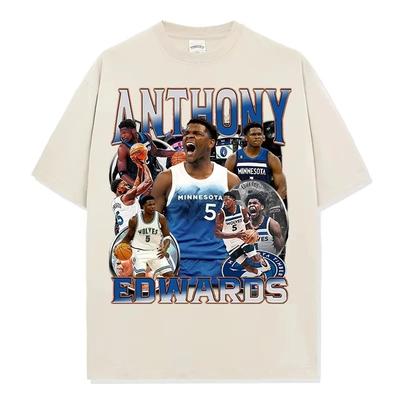 Stylish Beige Oversized Cotton T-Shirt with Anthony Edwards Minnesota Timberwolves Vintage Basketball Graphic Print Women And Men T-shirts