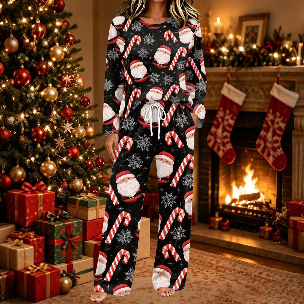 Women's Christmas Print Two Piece Set Long Sleeve Top with Pants Casual Outfit