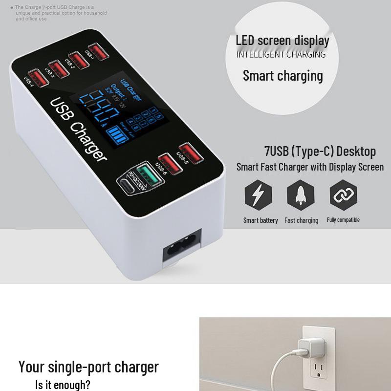 8-Port USB Charger QC3.0 Fast Charging with Smart Display & PD20W for Phones & Tablets