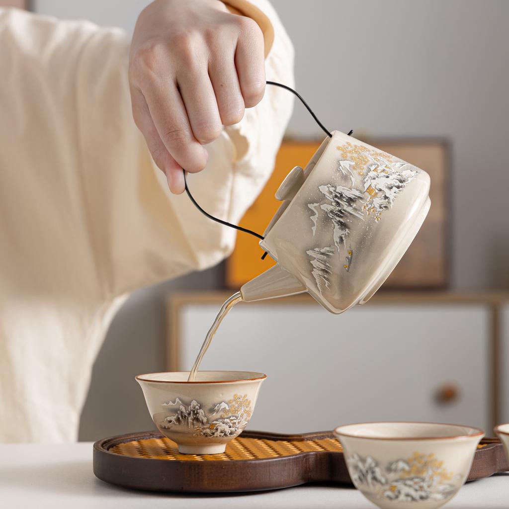 Plant Ash Kung Fu Tea Set Beam Pot Household Light Luxury Retro Ceramics Annual Meeting Commendation Commemorative Gifts