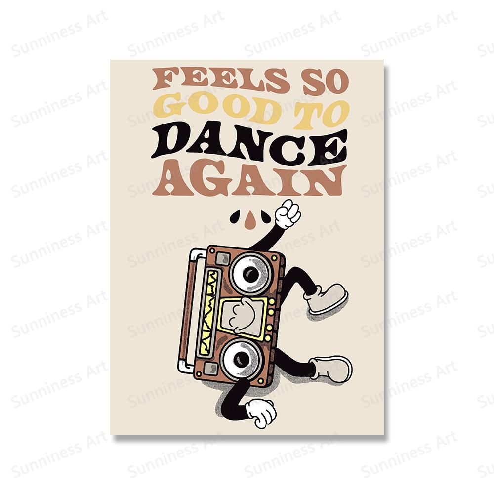 Retro Music Dance Record Player Poster And Print Flower Happy Quote Wall Art Canvas Painting Picture for Living Room Home Decor