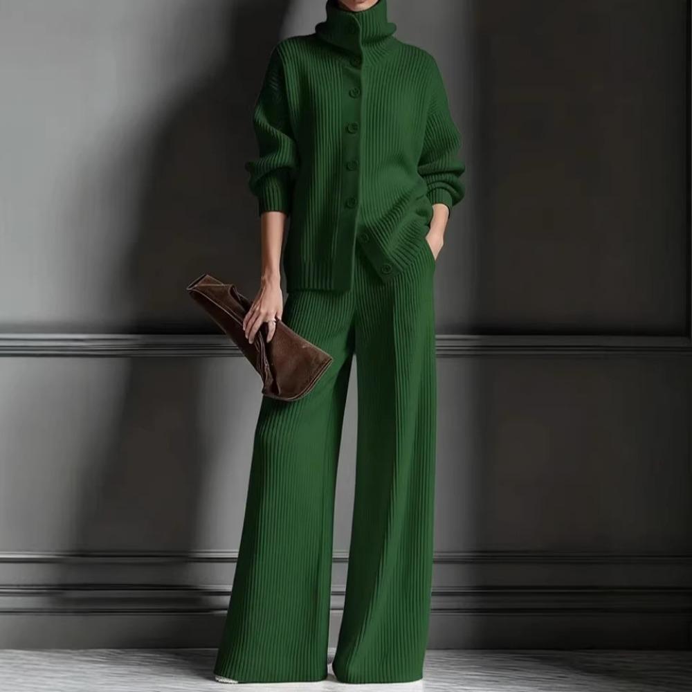 Europa, America, autunno e inverno, cardigan a collo alto tinta unita top a maniche lunghe set pantaloni a gamba larga set lavorato a maglia 2 pezzi