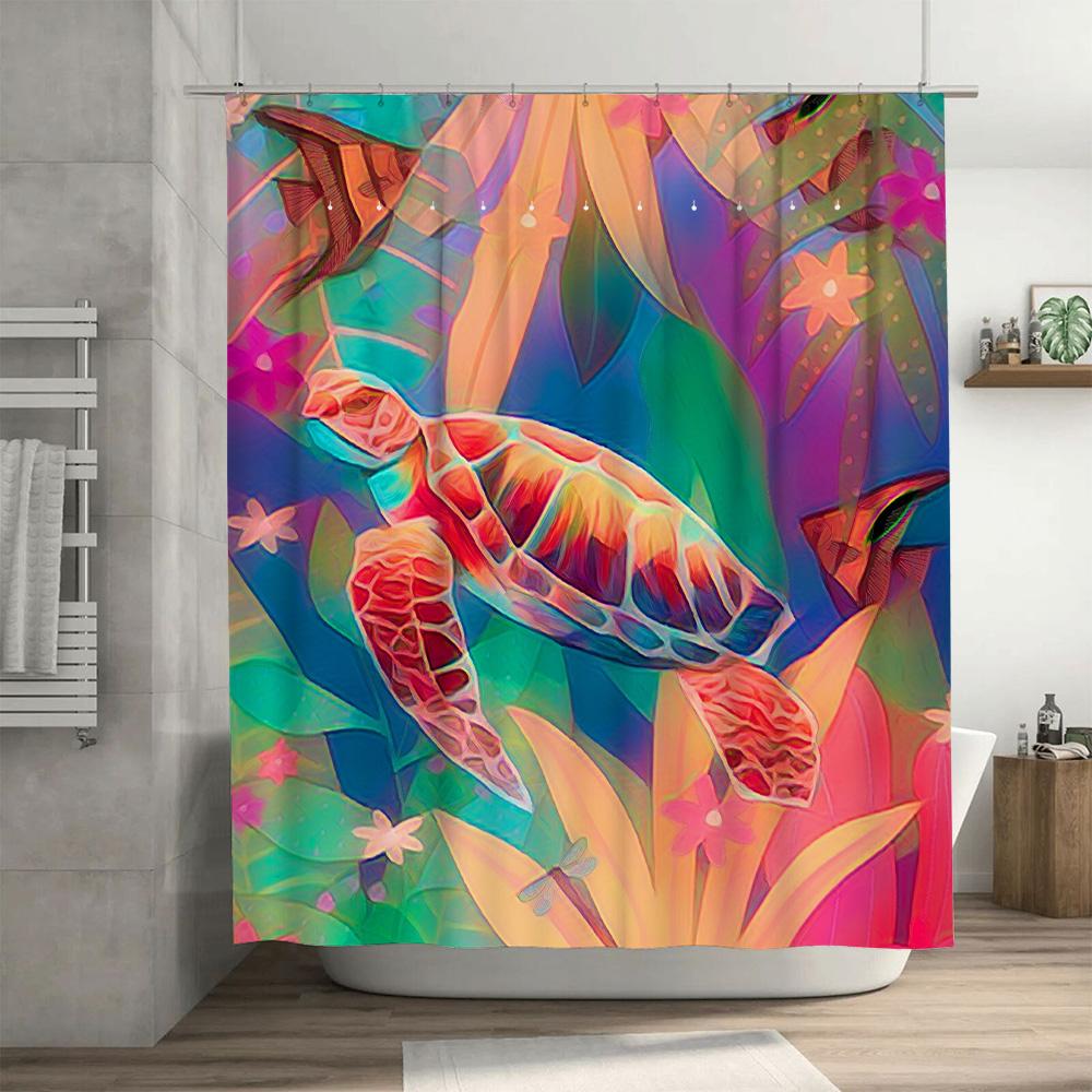 Colorful Turtle Shower Curtain Waterproof Fabric Decor For Bathroom Perfect Gift Idea With Hooks Included