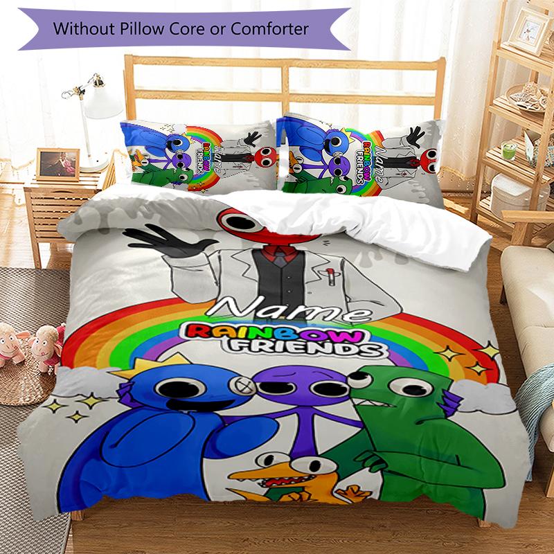 3pcs Custom Name Rainbow Friends Bedding Set Duvet Cover Closure Includes 1 Duvet Cover & 2 Pillowcases for All Seasons Bedroom Decor