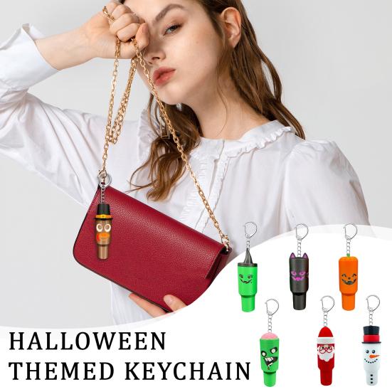 1/7Pcs Halloween Mini Keychain 3D Printed Mini Cup Keychain Pendant Spooky Halloween Chapstick Holder Portable Storage Box
