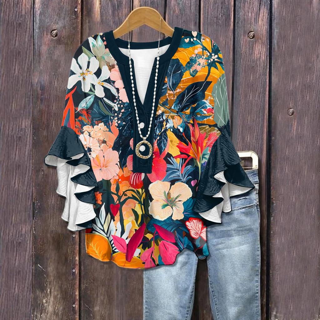 Summer Tops For Women Cute V Neck 3/4 Sleeve Blouses Floral Print Top Casual Shirts