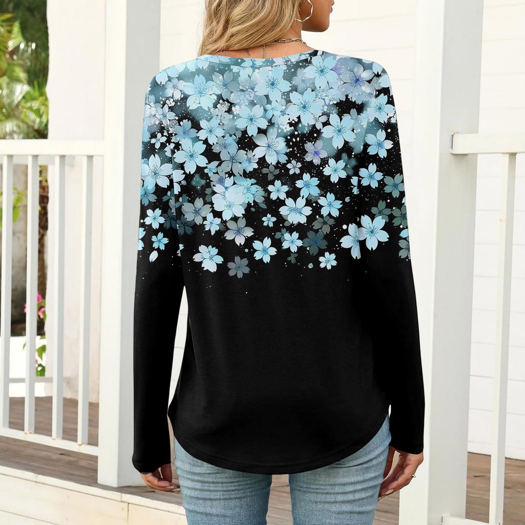Women's Casual And Fashionable T-shirt, Vintage Floral Print, Round Neck, Long Sleeves Top.