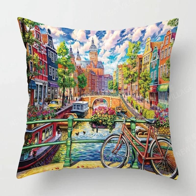 Retro oil painting style home living room decorative cushion cover pillowcase