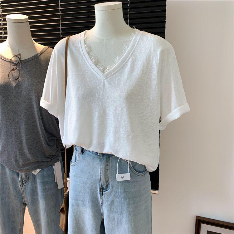 Women's Korean Style Snowflake Cotton V-Neck Lace Patchwork Short-Sleeve Loose Summer Tee