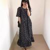 Retro Floral Black Dress for Women Loose Slimming Crew Neck Short Sleeve Long
