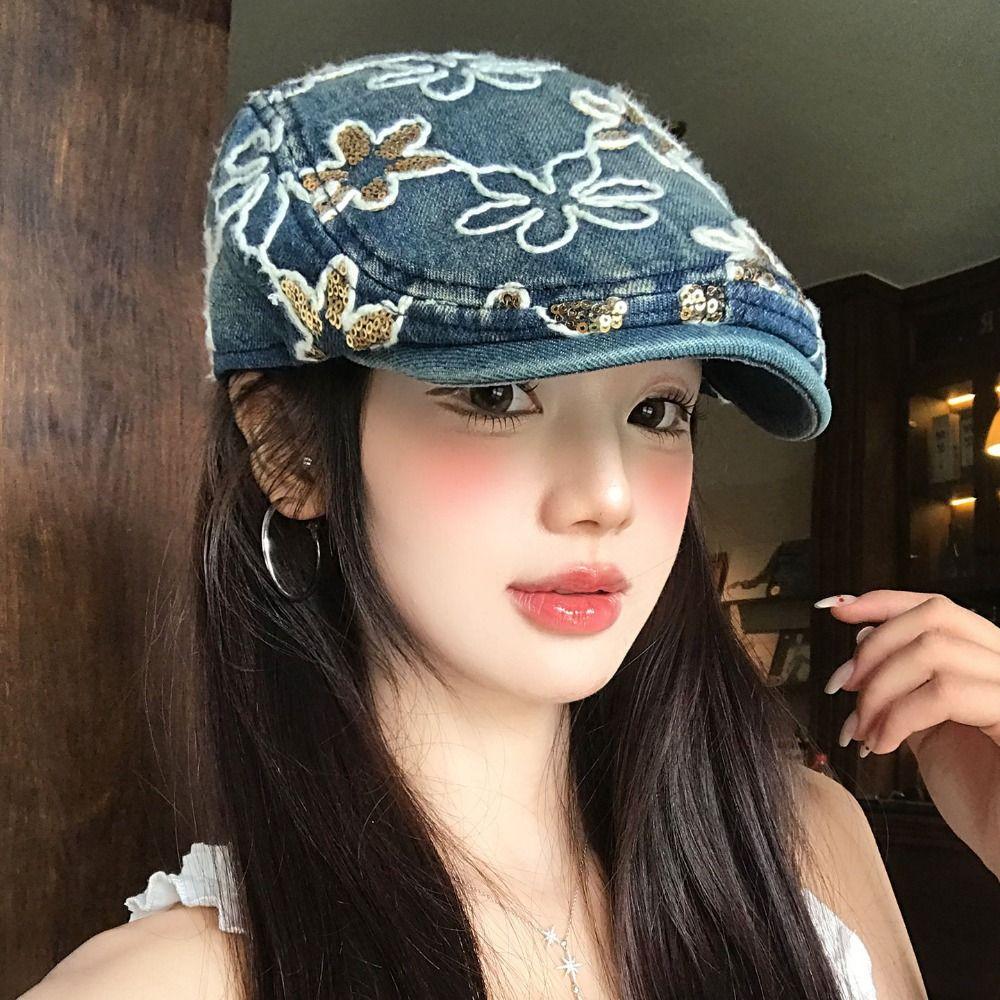 Ethnic Style Embroidery Flower Forward Hat Y2k Glitter Beret Casual Cadet Cap  Outdoor