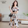 Elegant Plus Size V-Neck Printed A-Line Midi Dress