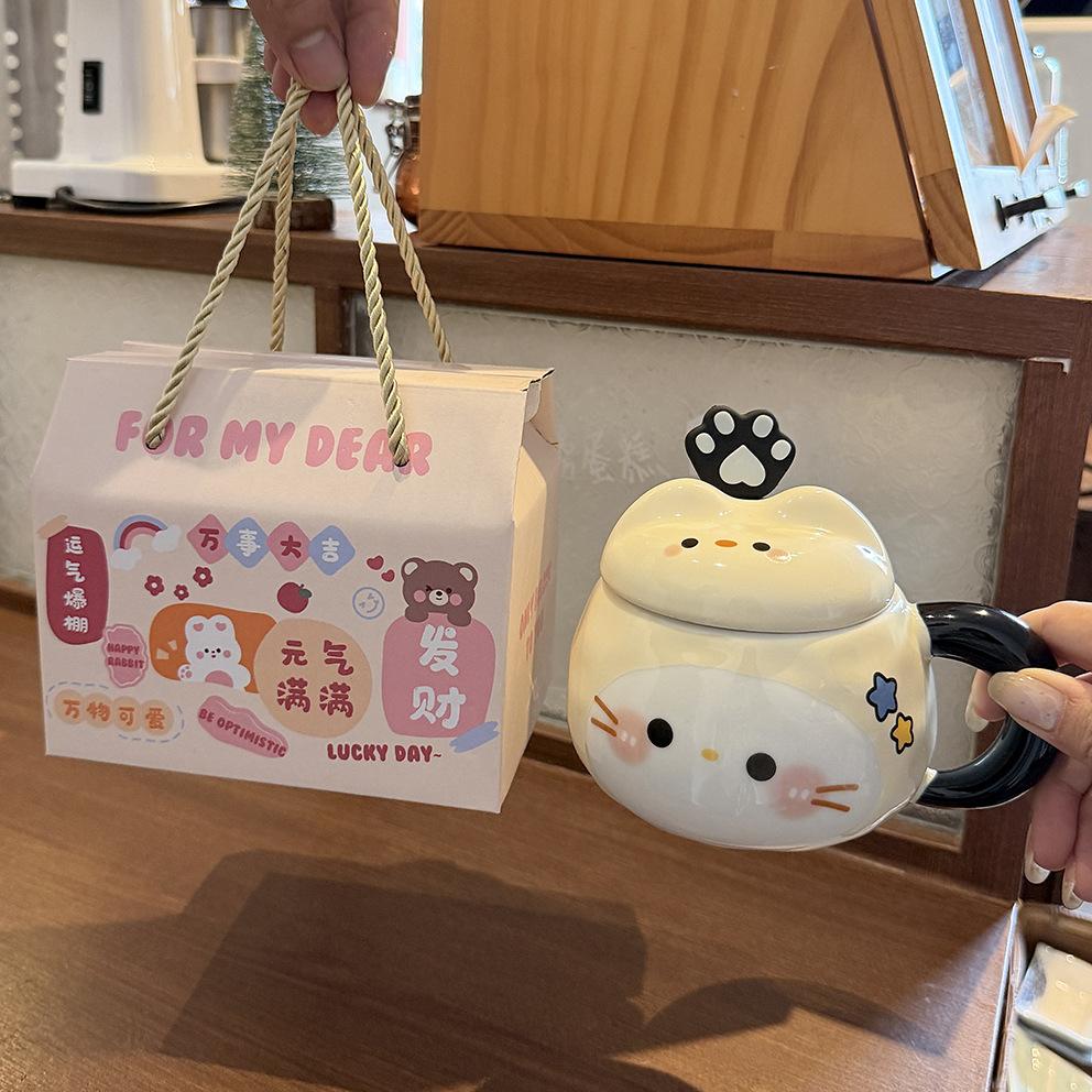 Katzenbecher mit Deckel Löffel hoher Wert Ins-Stil Paarbecher Keramik Trinkbecher für Mädchen Geburtstagsgeschenk