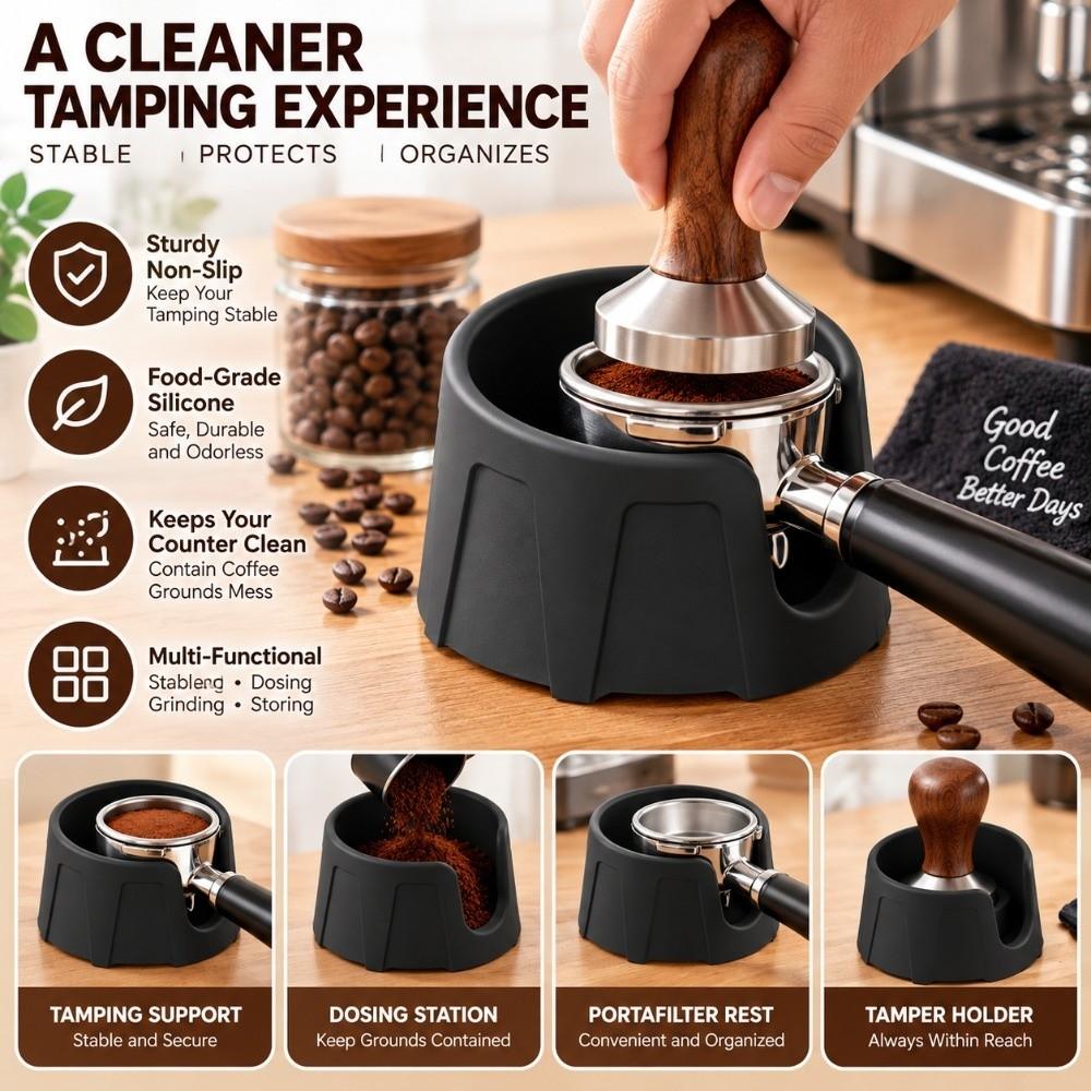 Black Espresso Tamping Station Anti Slip Portafilter Tamper Base for Ninja ES601 Coffee Bar Counter