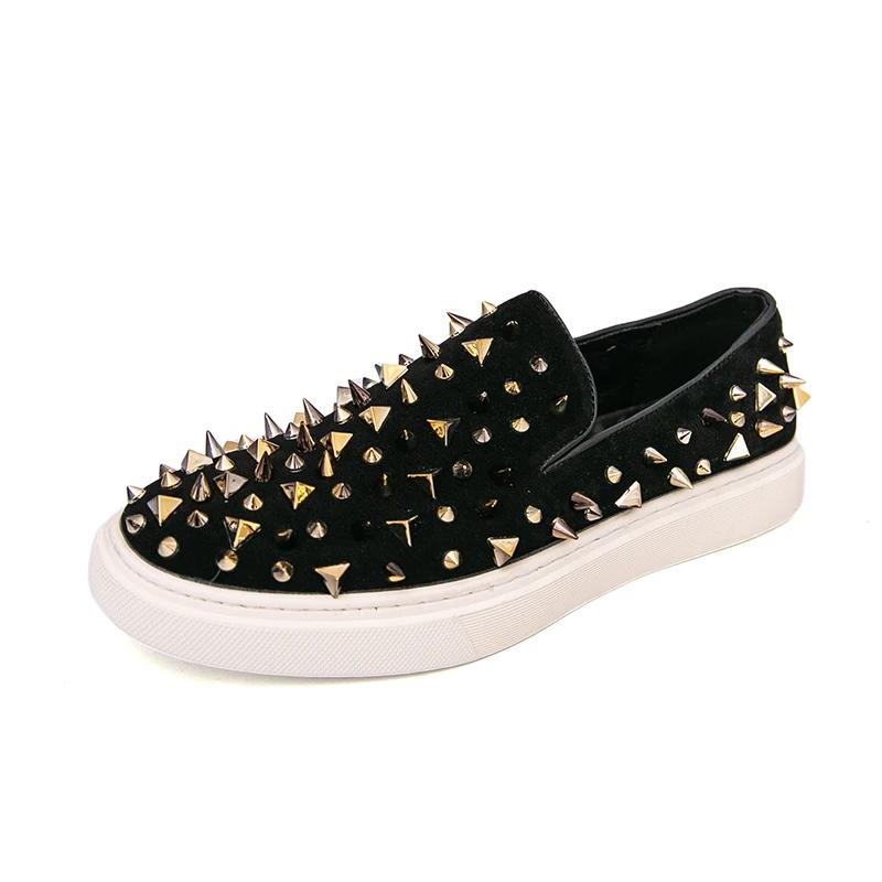Punk Round Toe Rhinestone Sequin Loafers for Men Casual Shoes Rivet Skateboard Shoe Trendy Flat Slip On Men's Shoes Zapatos