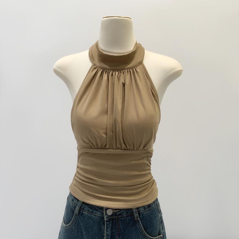 Khaki Slim Fit Ruched Halter Neck Backless Camisole - Flattering Sleeveless Summer Top for Women L хаки