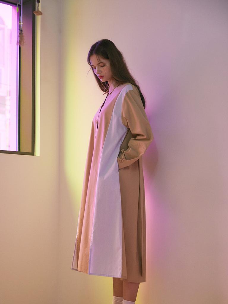 THE STUDIO K Striped Color Block Shirred Dress_Beige