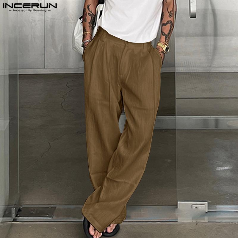 INCERUN Men Spring Zipper Up High Waist Texture Trousers Casual Button Straight Pants