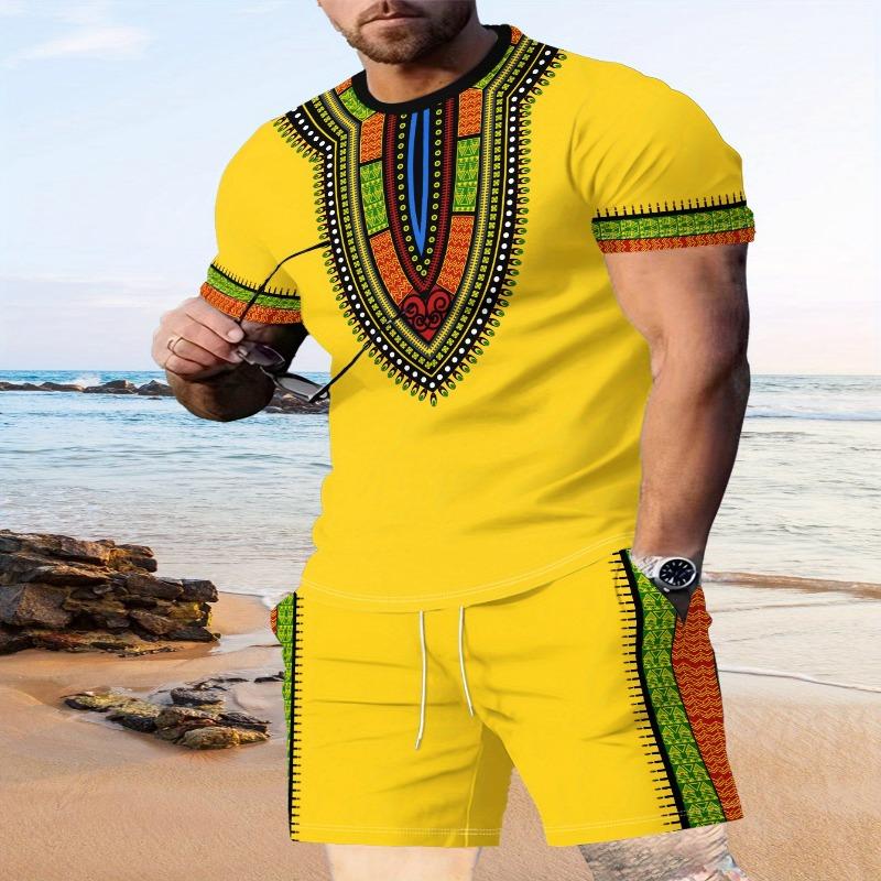 

Men s African collar element picture print two-piece set of fashionable and casual round neck short-sleeved T-shirt and drawstring shorts XL