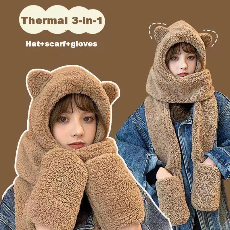 Autumn Winter Women Warm Caps Cute Bear Ear Hat Scarf Gloves Set Warm Casual Plush Hats Solid Fleece Warm Hats Accessories