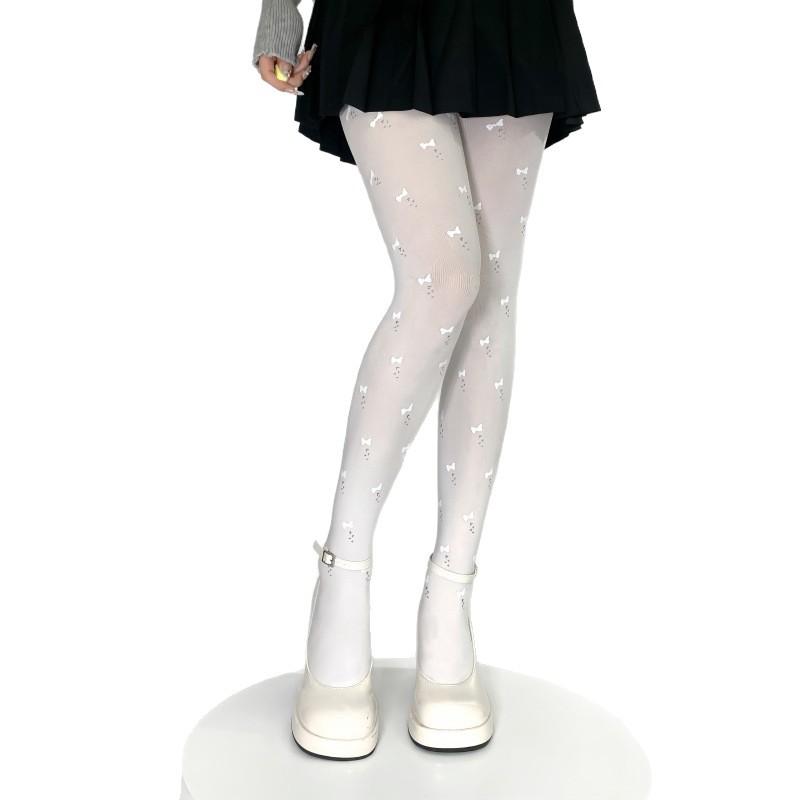 White Pure Desire Bow Dot Printed Leggings Lolita Ladies White Stockings Velvet Pantyhose