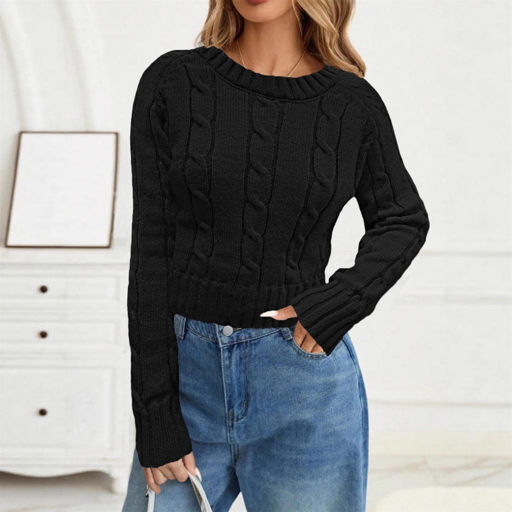 Women's Fashion Solid Color Round Neck Knitted Pullover Long Sleeve Sweater