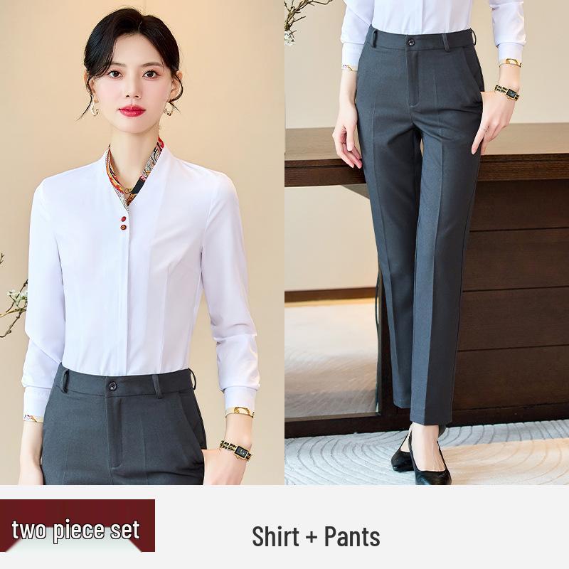 High-End Women's White Long Sleeve Shirt 2024 - Spring/Autumn Hotel Reception & Catering Uniform