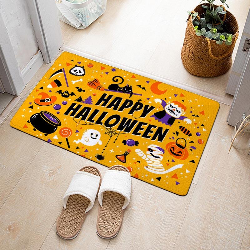 Halloween Theme Door Mat With Pumpkin Black Cat Ghost Bat Witch Hat Castle Patterns Fun Cartoon Decorative Entryway Rug