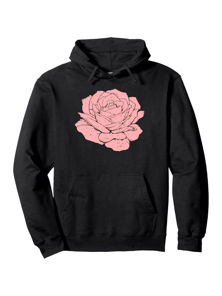 Black hoodie with Pink Rose - All-Season Casual Pullover Sweatshirt