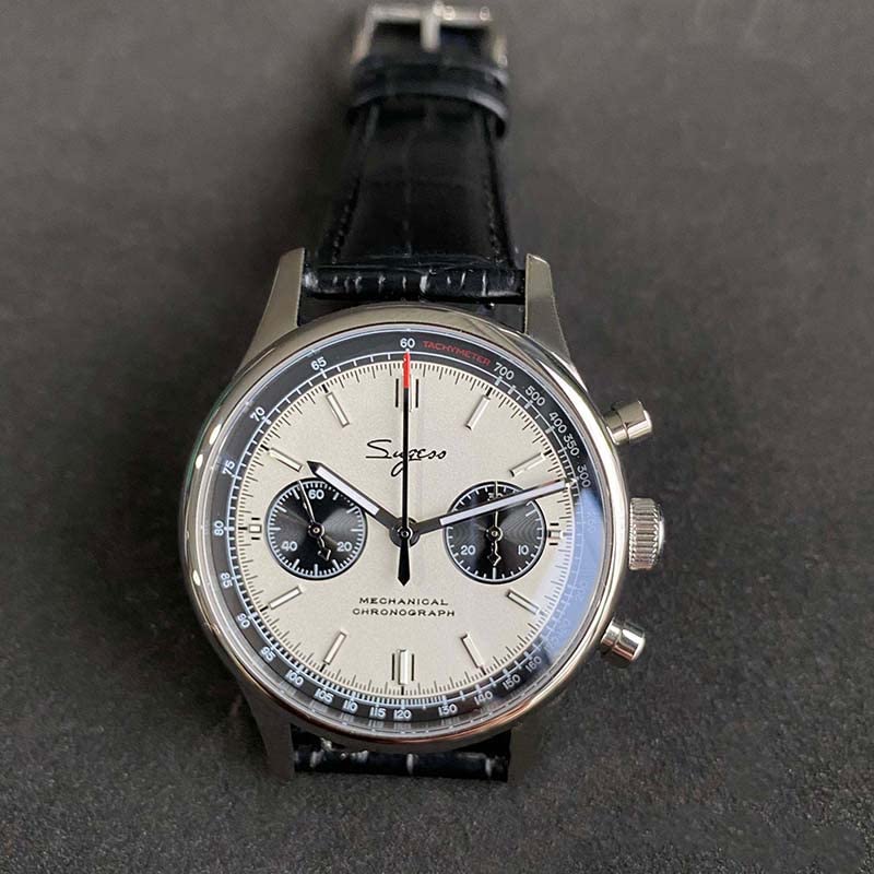 SUGESS Chronograph Mechanical Analog Watch Panda Dial Pilot Cowhide Belt Luxury Back Stylish Popular Swan Neck Regulator 40mm Men's See-Through (White