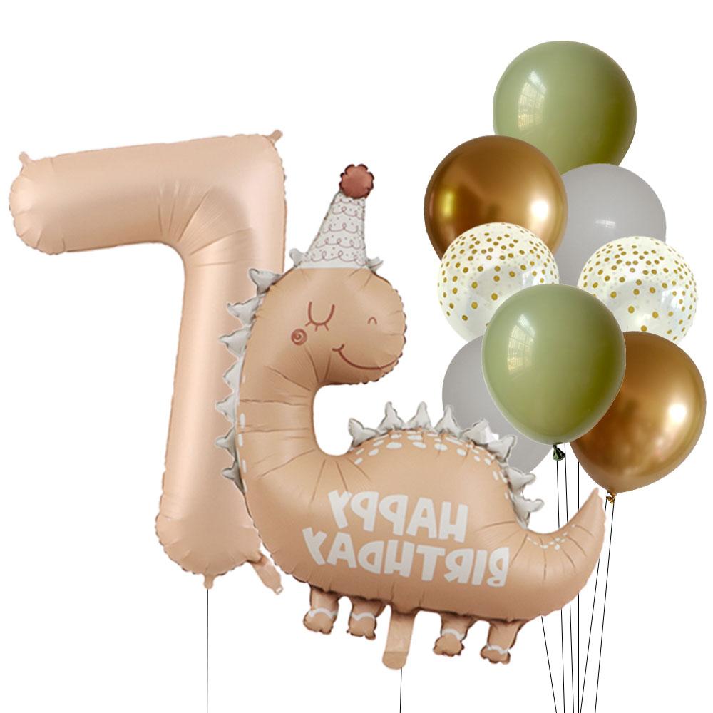 Retro Matte Caramel Colored Dinosaur Aluminum Film Number Balloon Set Happy Birthday Party Decoration Kids Background Photo Prop