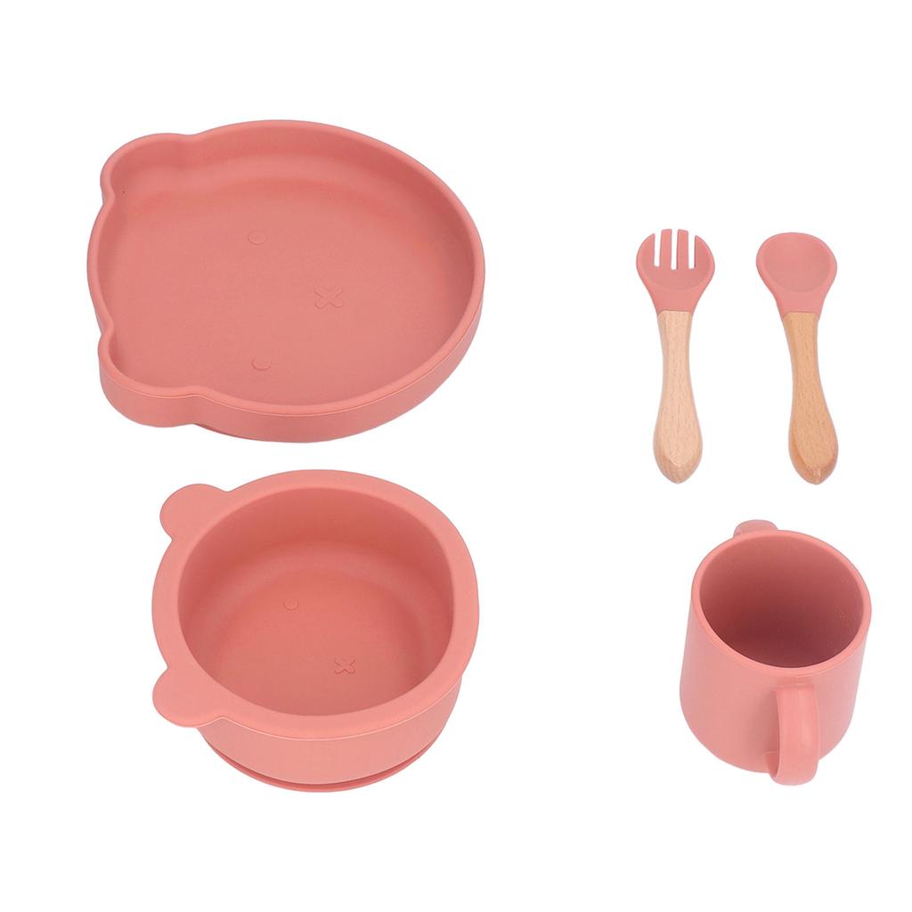 Baby Feeding Set Cute Bear Shape Soft Safe Silicone Toddler Suction Plate Bowl Cup Fork Spoon Set for Weaning