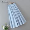 Japanese Mori Girl Summer Women Light Blue Skirt Elastic Waist Cotton Pleated Skirt Sweet Elegant Ladies' Chic Skirt