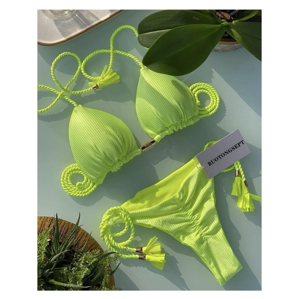 Costum de baie european și american geantă triunghiulară sexy pentru femeie Split Culoare uni Bikini sexy cu frânghie împletită multicoloră